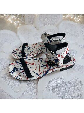 MARC JACOBS Paint Splatter White Blue Red Leather Sandals Size 7.5 / 37.5
